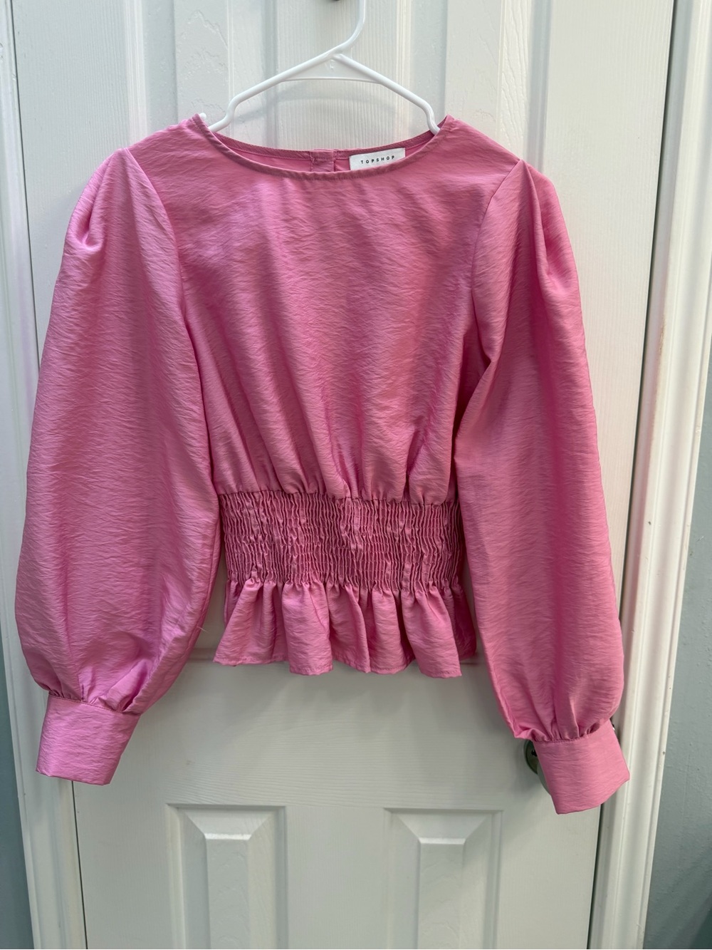 Topshop Pink Smocked Peplum Blouse with Puff Sleeves